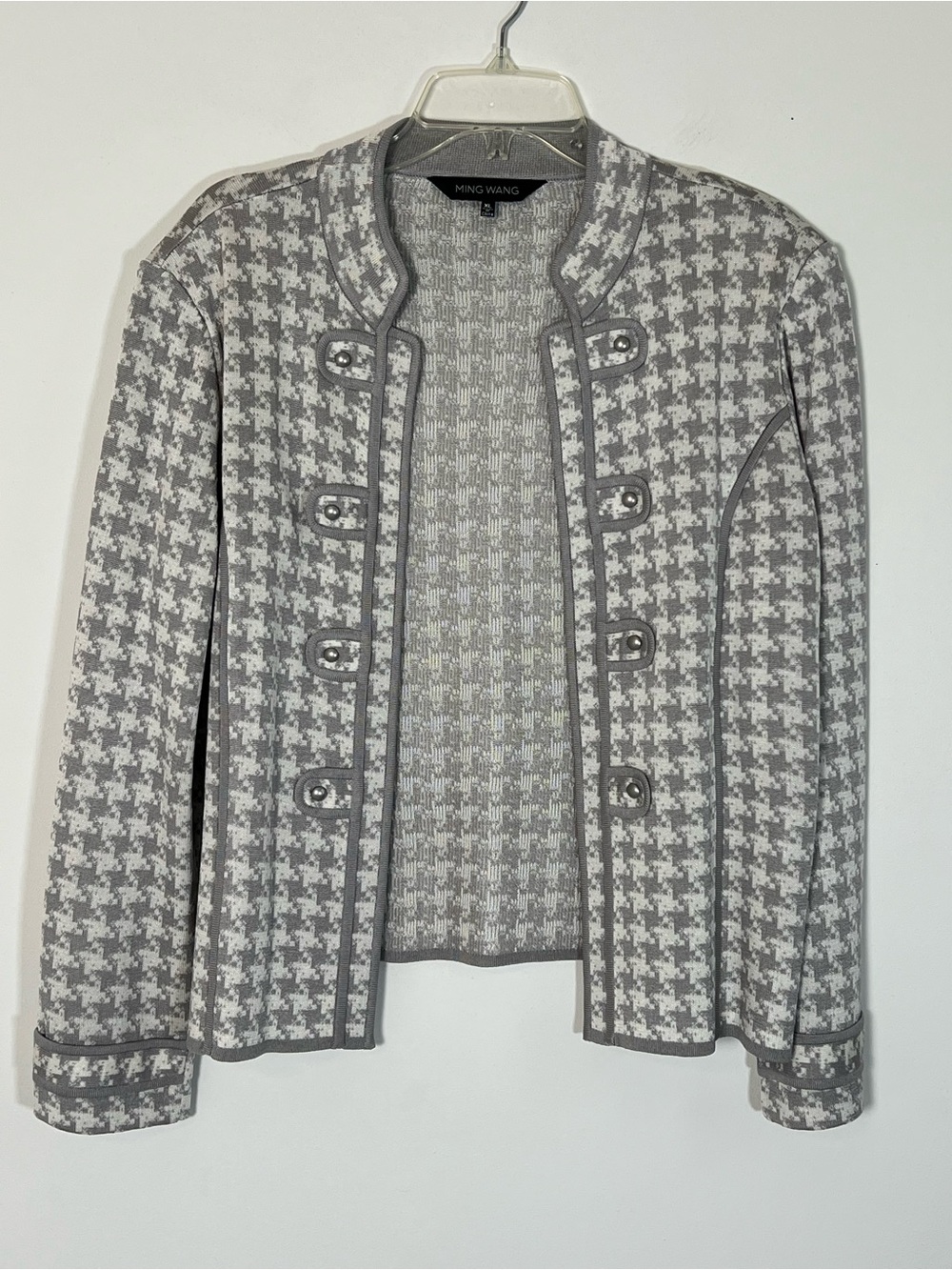 Ming Wang Houndstooth Knit Cardigan Jacket Gray White XL